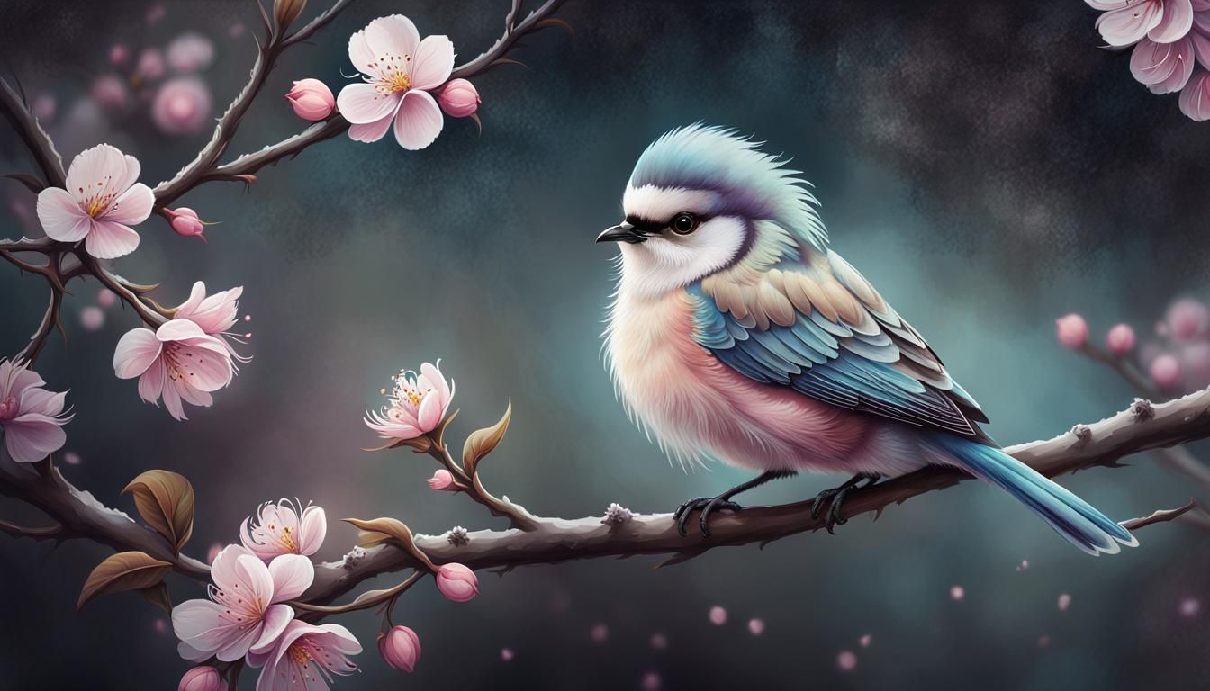 Pastel Bird on Flowering Branch in Digital Painting
