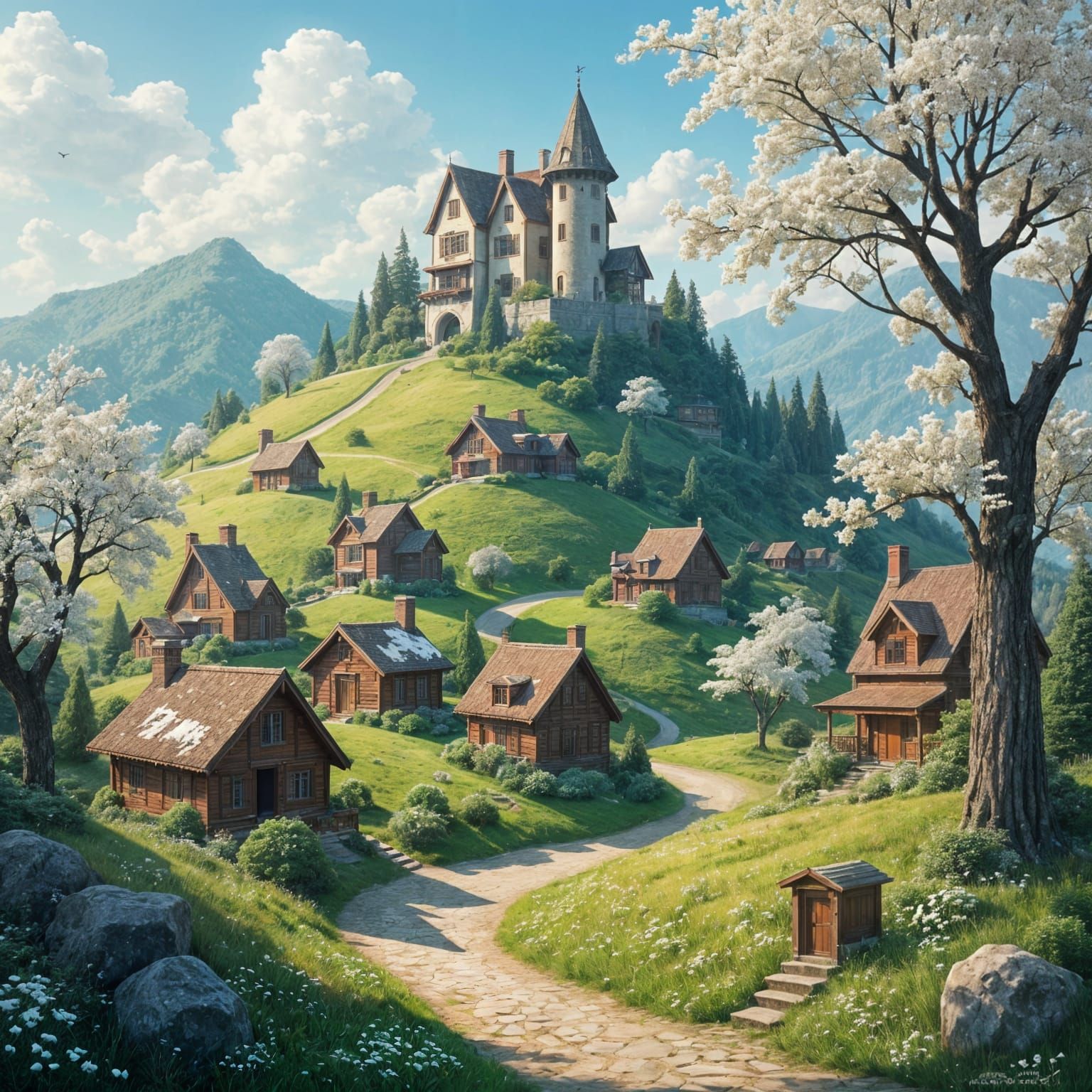 Hillside View with Palace and White Flowers