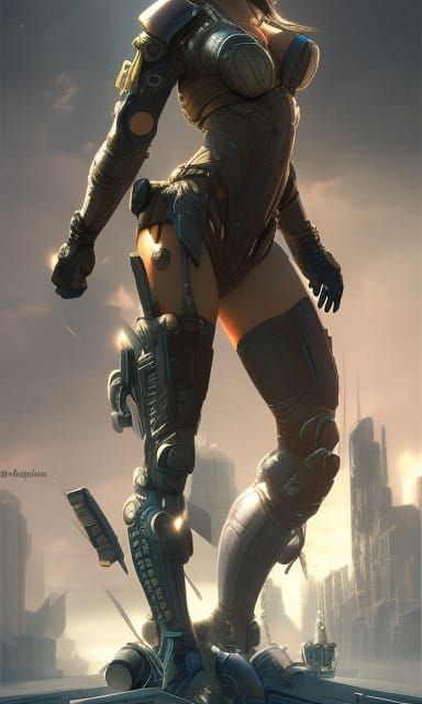 Armored Cyberpunk Officer in Future Cityscape