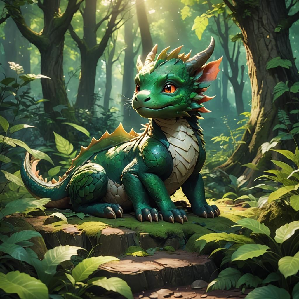 Dragon Cub Resting in Mystical Forest: 3D Anime Art