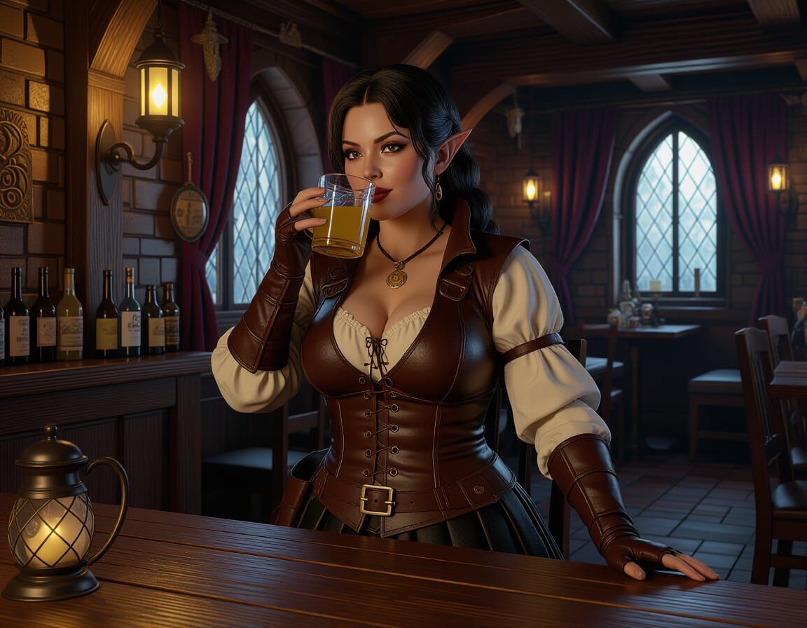 Dwarf Enjoying Drink in Dark Fantasy Tavern