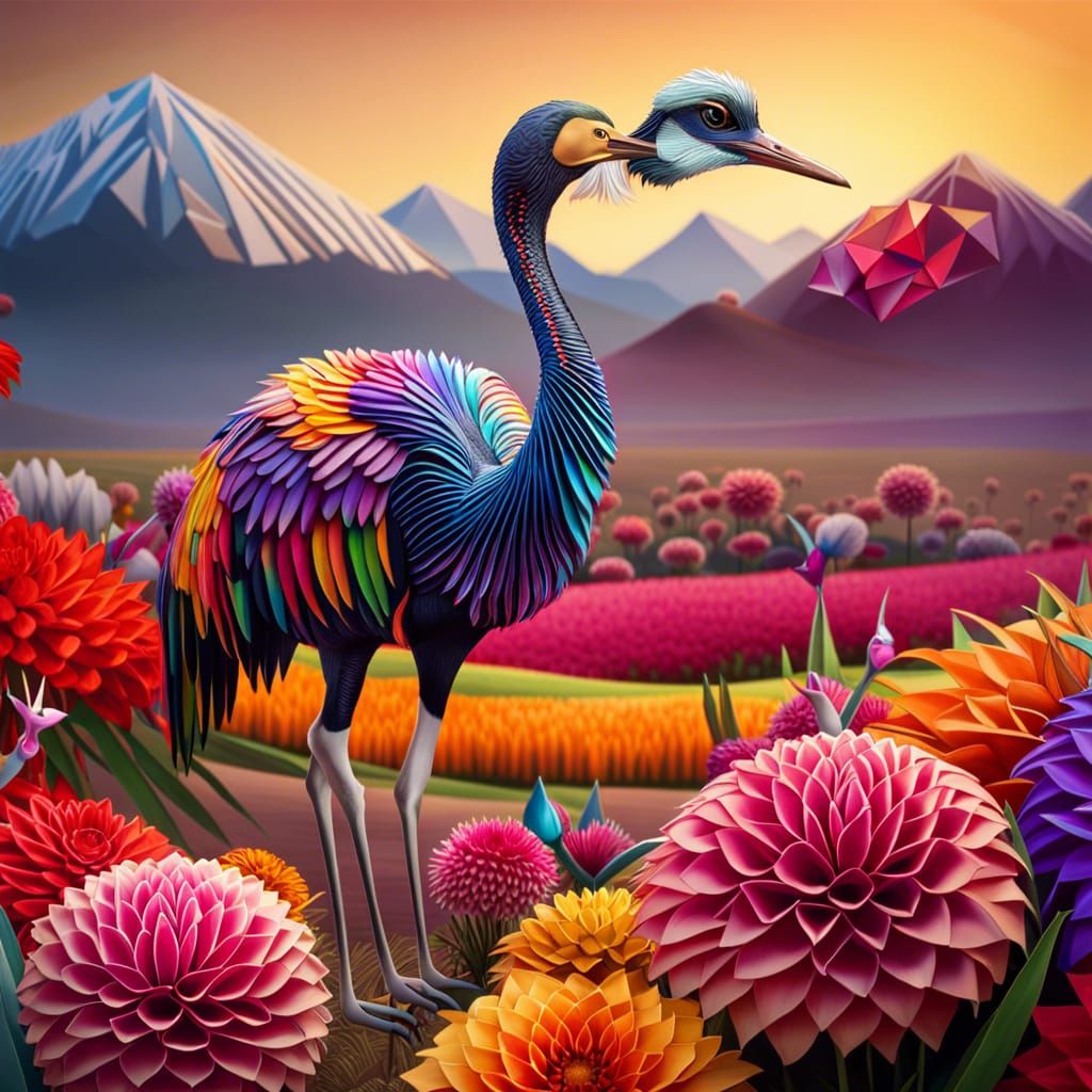 Geometric Ostrich loves colorful flowers