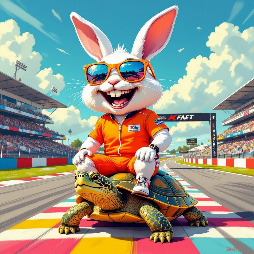 Laughing Bunny Races on Turtle, Whimsical Art