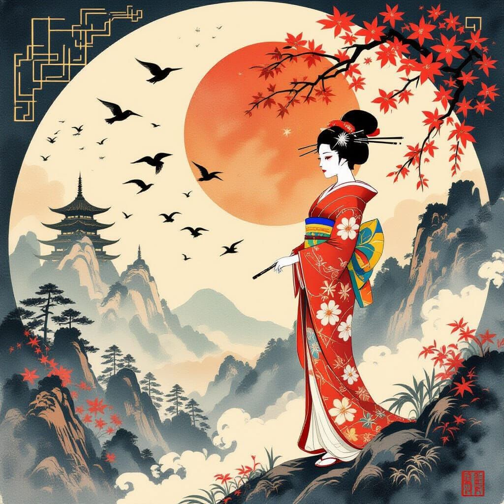 Japanese Ink Painting in Art Deco Style