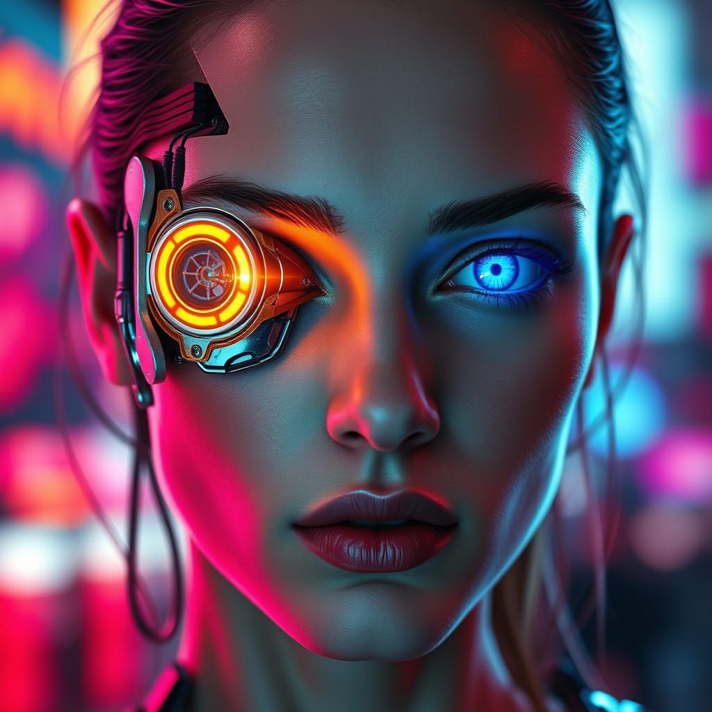 Futuristic Half-Cyborg Woman Portrait in Hyperrealistic Styl...