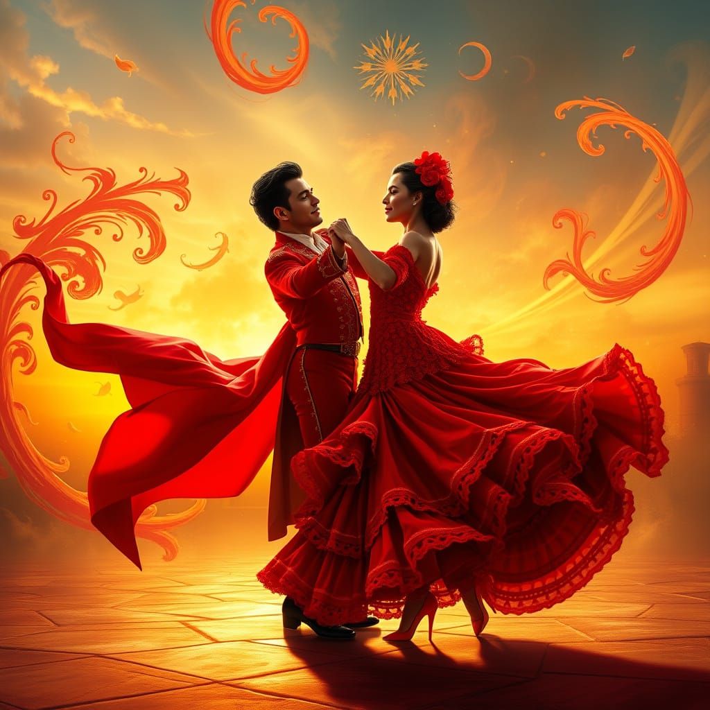 Spanish Matador and Flamenco Dancer in Vibrant, Dreamlike Da...