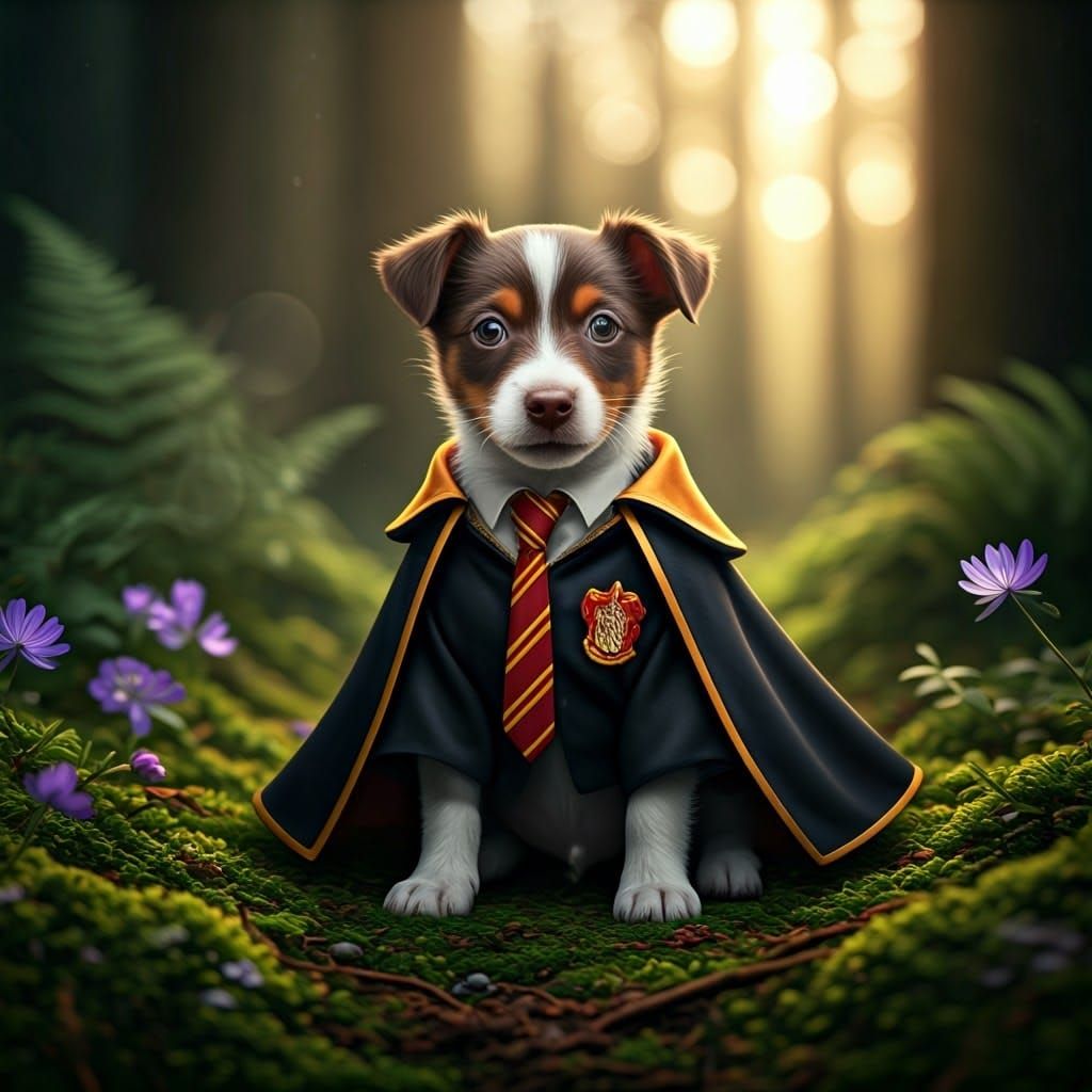 Puppy Wizard in Misty Forest, Hyperrealistic Detail