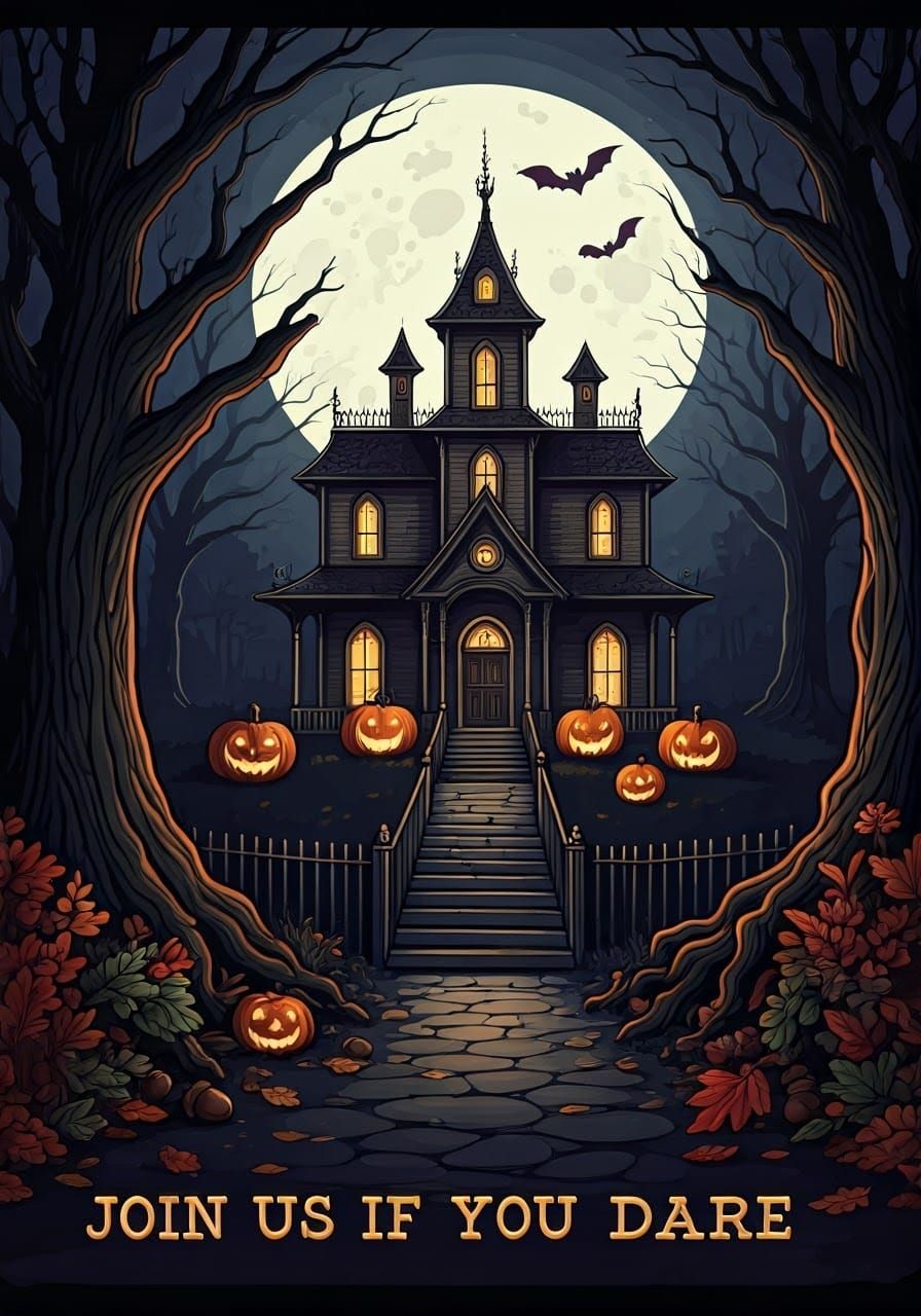 Eerie Haunted House Invitation Under Moonlight