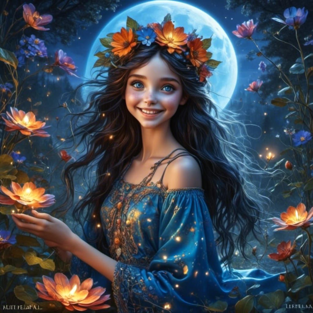 Hippie Girl Dancing by Fire Under Moonlight