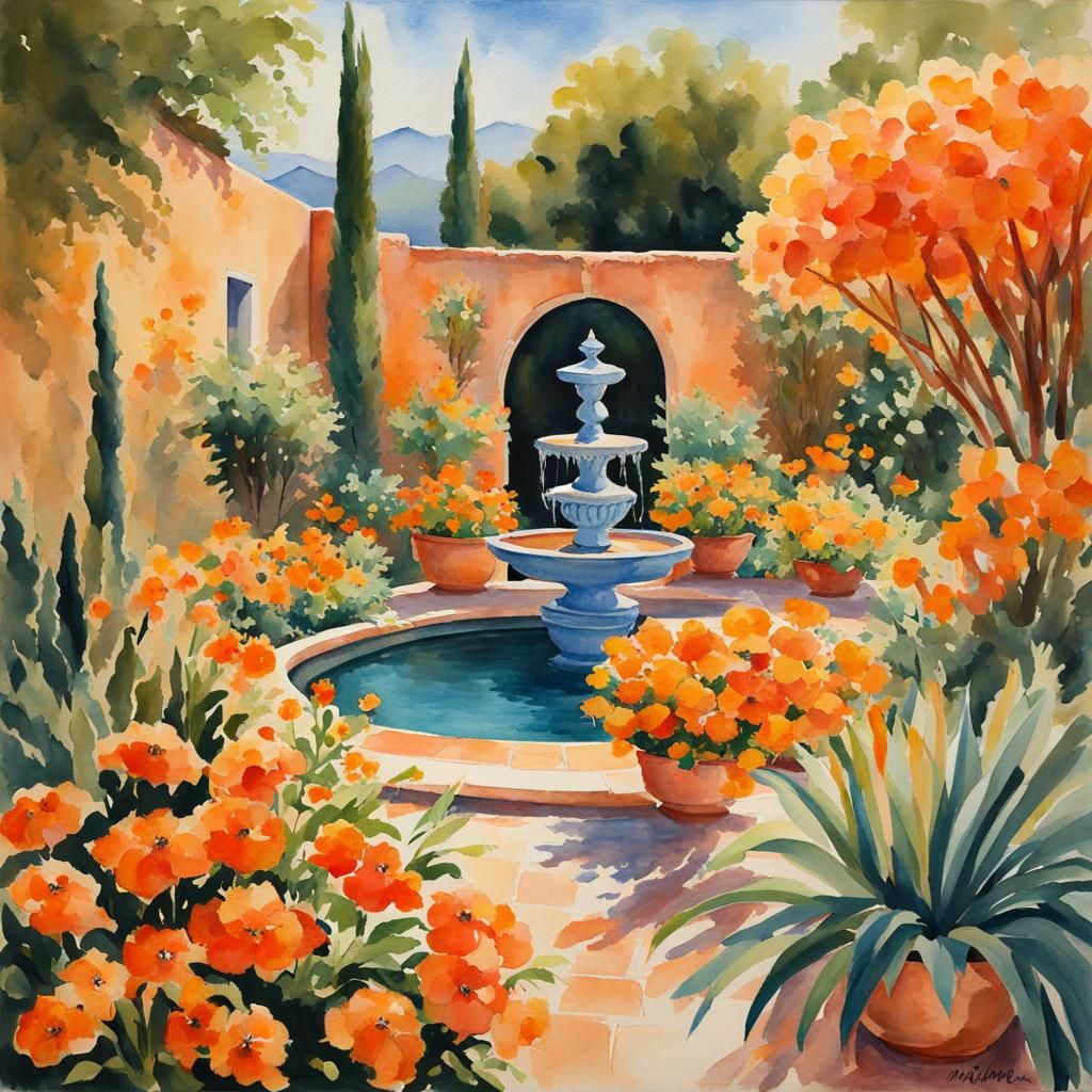 Orange Mediterranean Garden in Gouache Watercolor