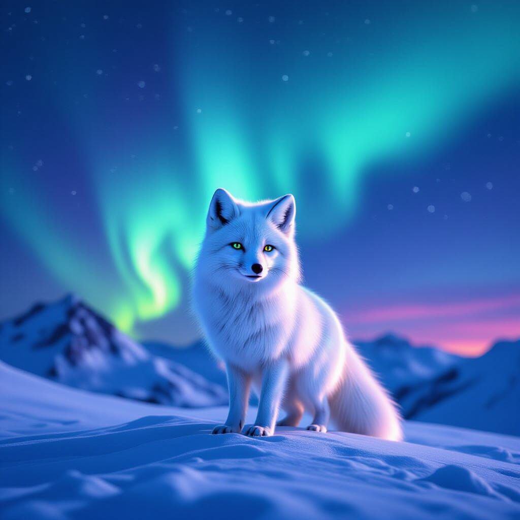 Holographic Arctic Fox Under Vibrant Aurora Sky