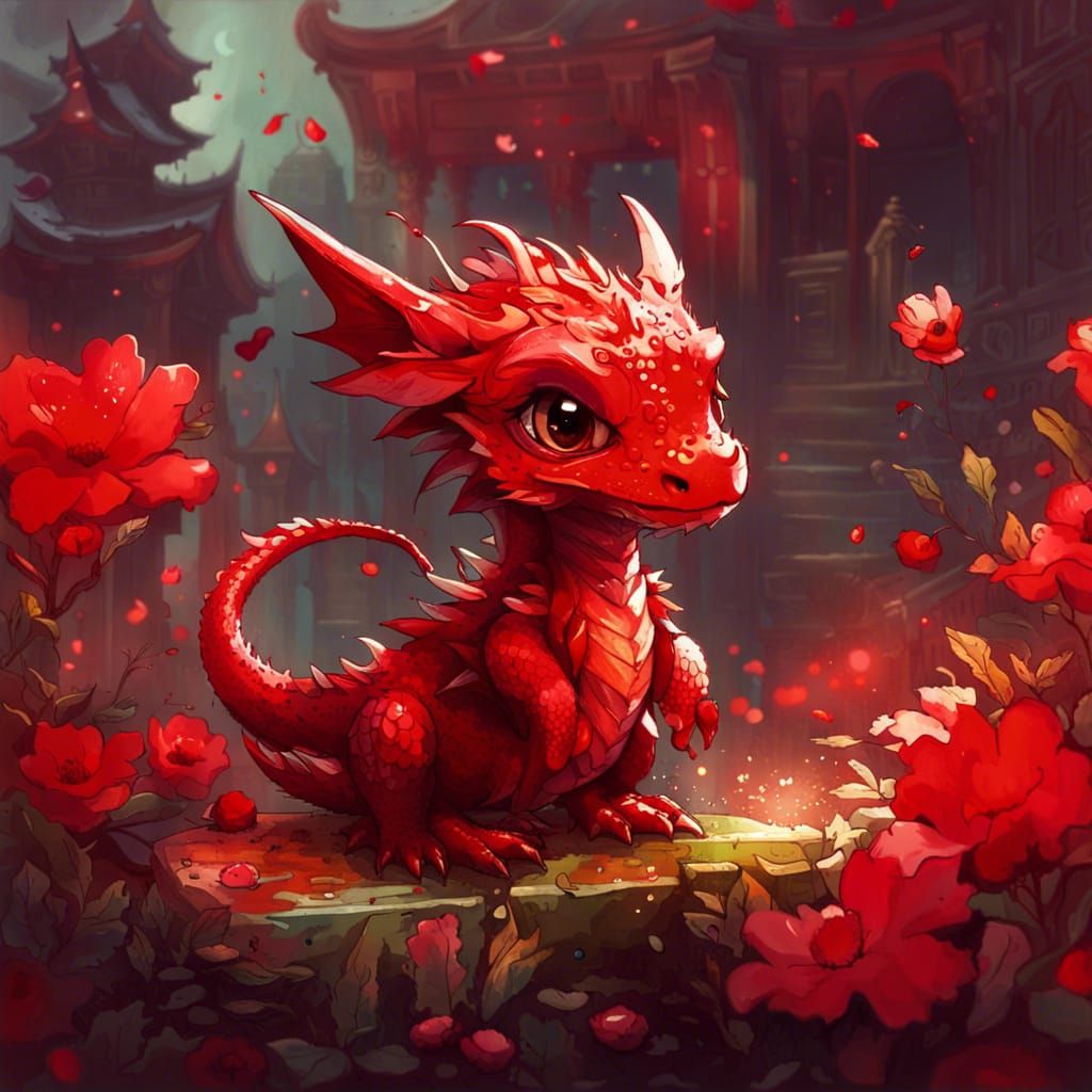 Chibi Red Dragon with Cheno Flowers