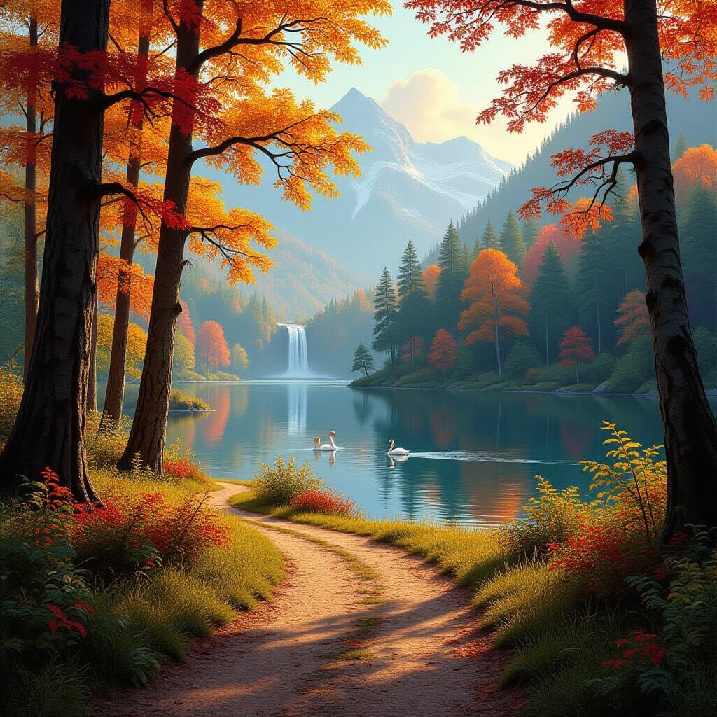 Vibrant Forest Path Leading to Serene Lake with Swans