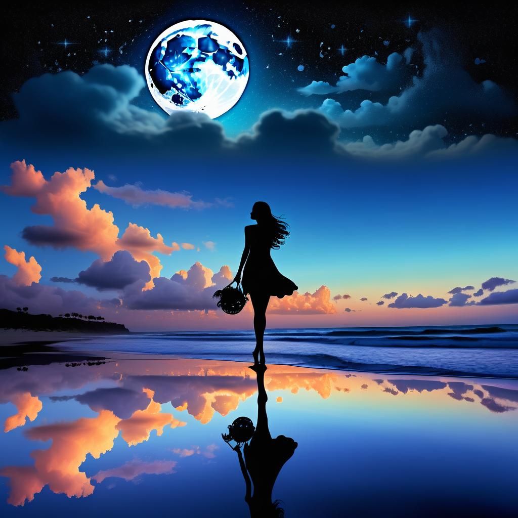 Dreamscape: Beach, Moon, Stars, and Girl Silhouette