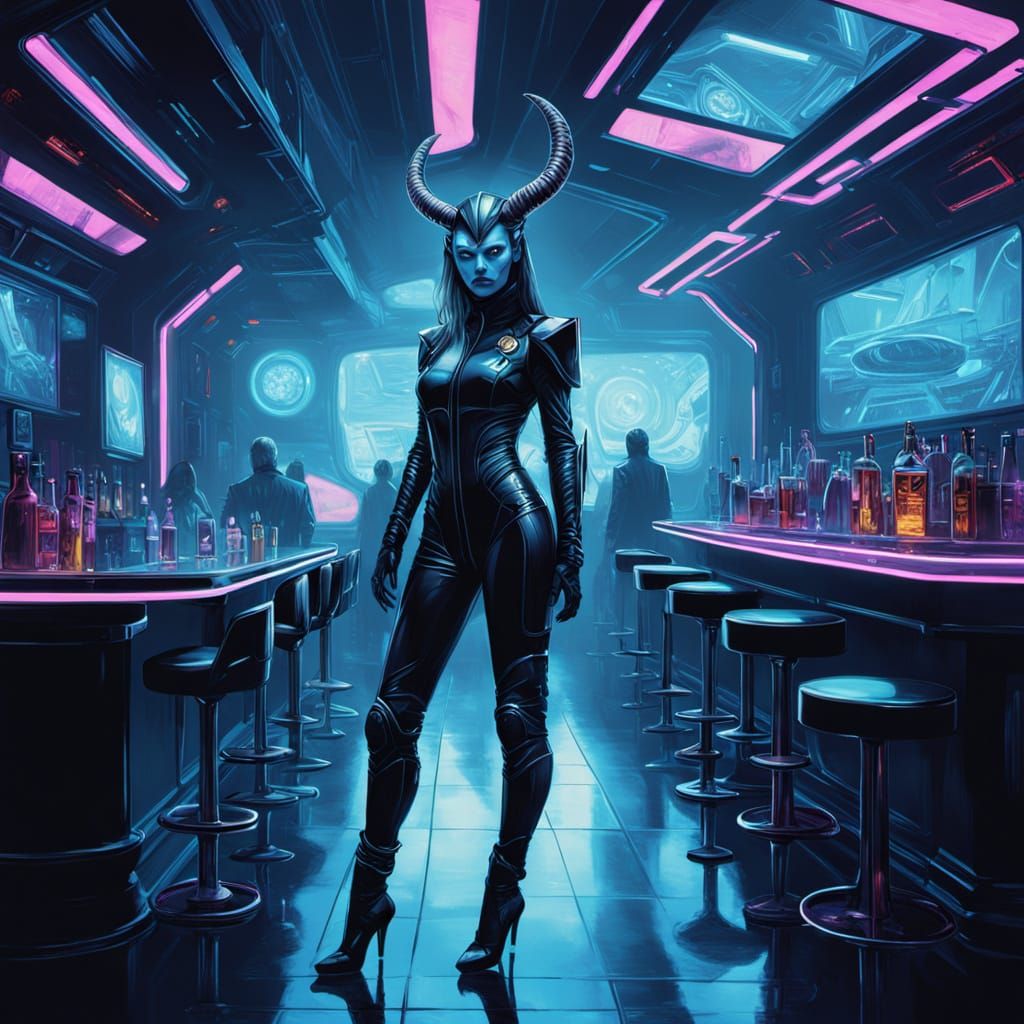 Seductive Metallic Goddess in Cyberpunk Blacklight Bar
