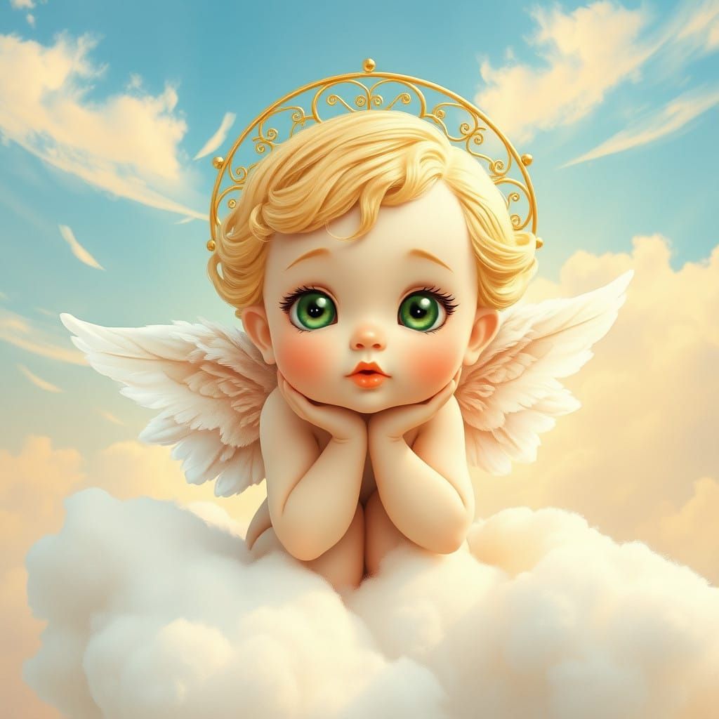 Angel Kneels on Soft, Pastel Clouds