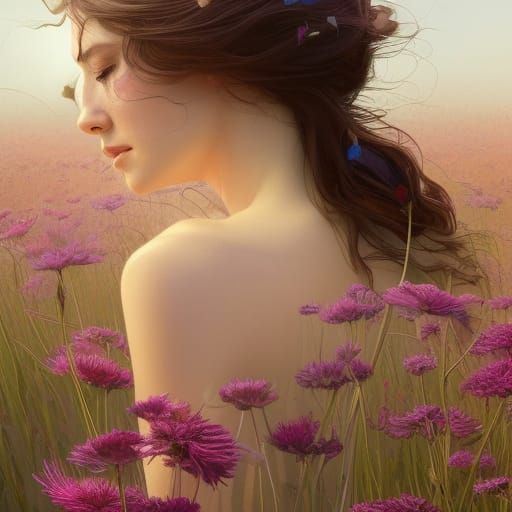 Woman's Reflection in Flower Field: Hyperdetailed Portrait