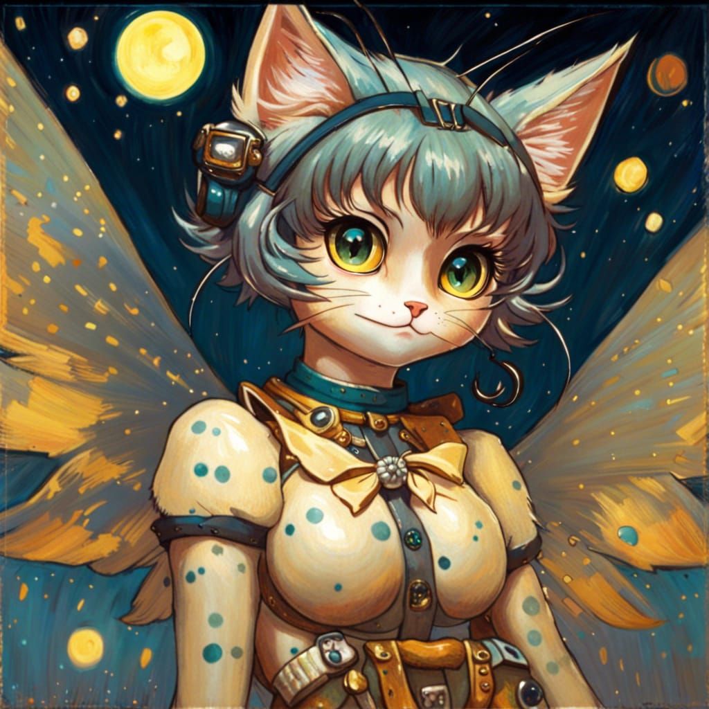 Anime Cat Girl with Wings in Van Gogh Style