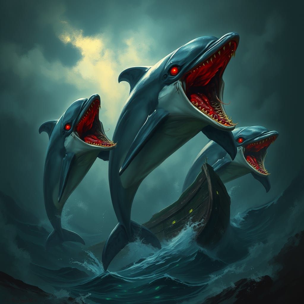 Sinister Dolphins Attack Shipwreck in Dark Fantasy Style