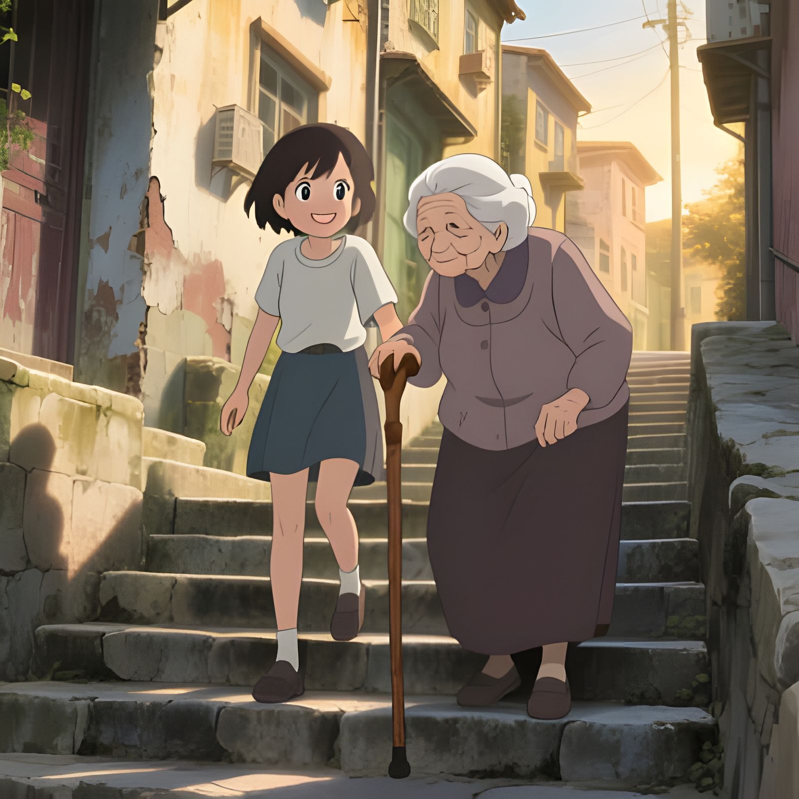 Teen Girl Aids Elderly Woman in Studio Ghibli Style
