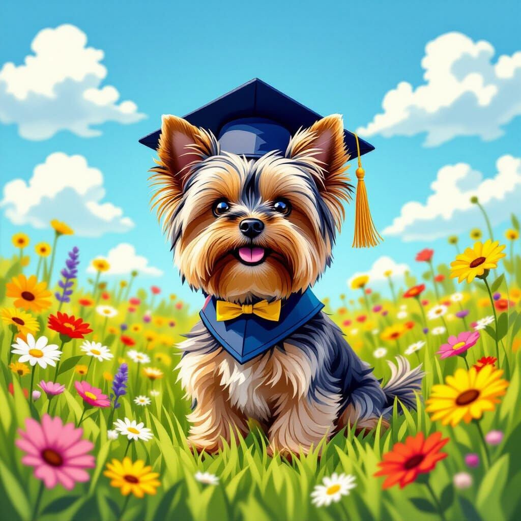 Adorable Yorkshire Terrier in Graduation Cap in Wildflower M...