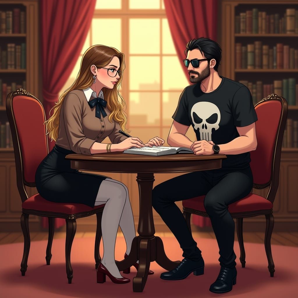 English Teacher Educates The Punisher in Elegant Library