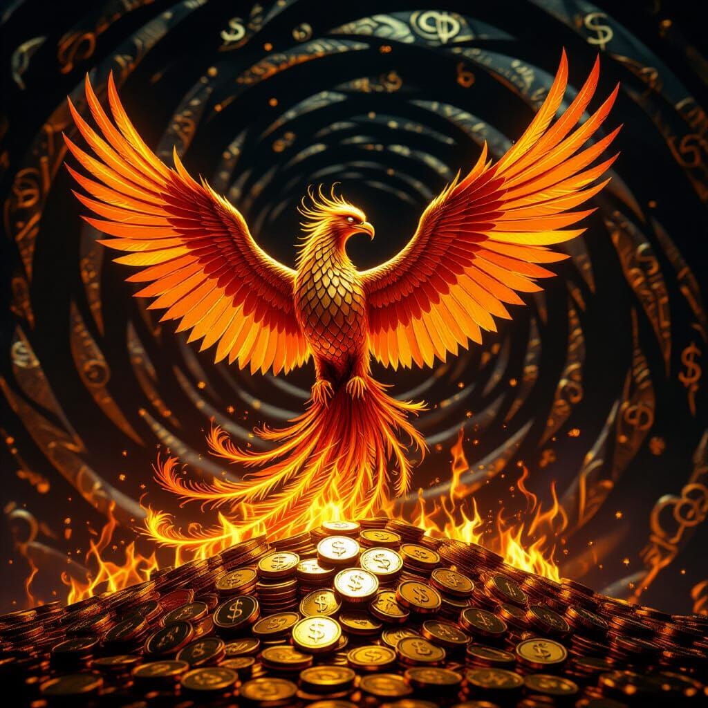 Phoenix Rises from Gold, Feathers of Banknotes, Fiery Rebirt...