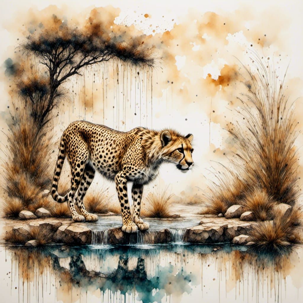 Cheetah Drinks at Serengeti Watering Hole: 3D Portrait