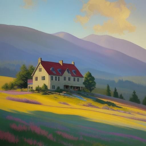 Vintage House in Gouache Style on Rolling Hill