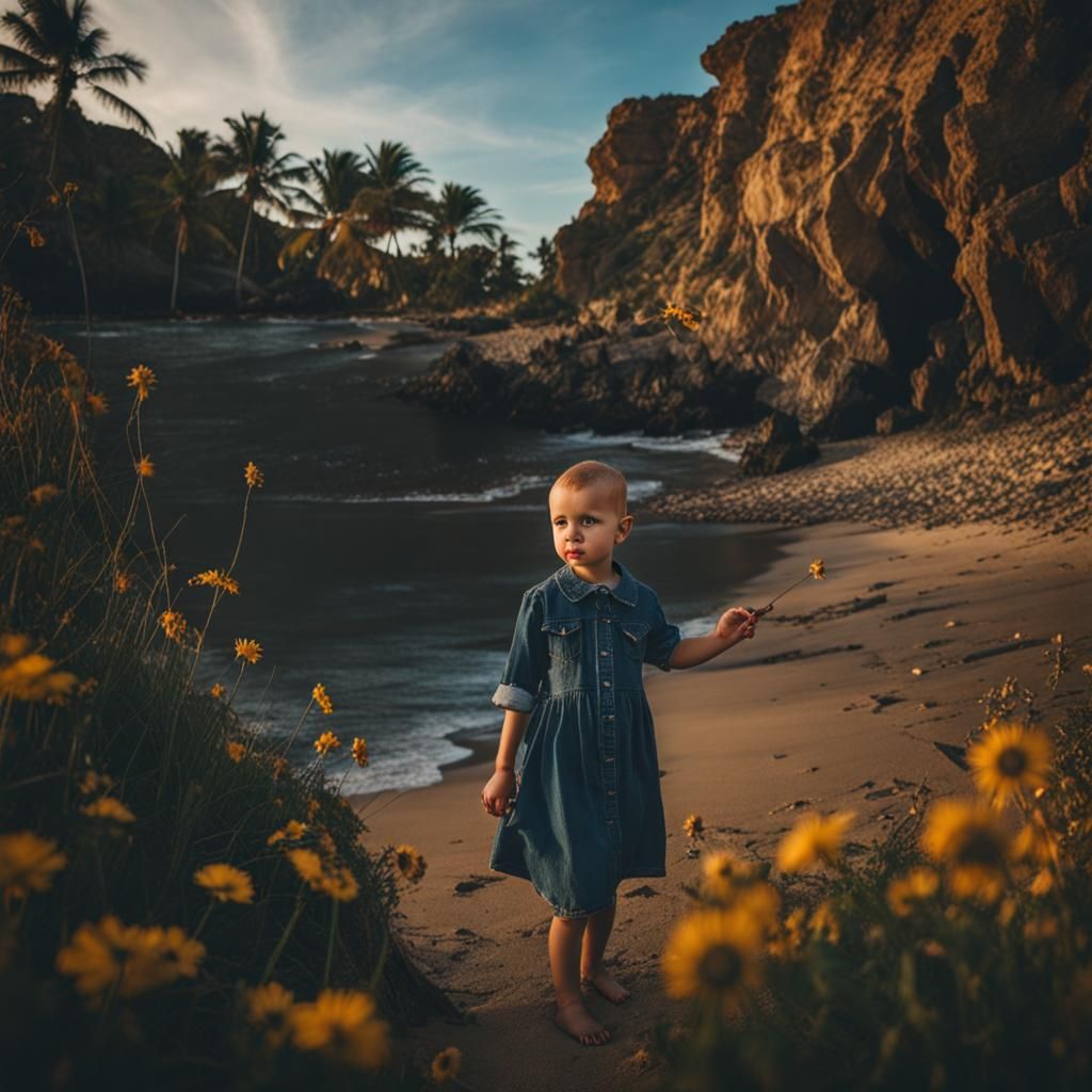 Bald Girl with Big Eyes on the Beach