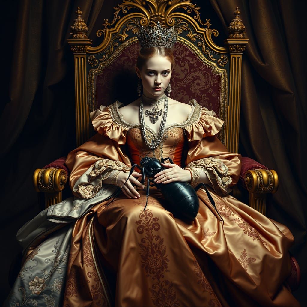 Baroque Princess with Giant Ant, Dramatic Lighting