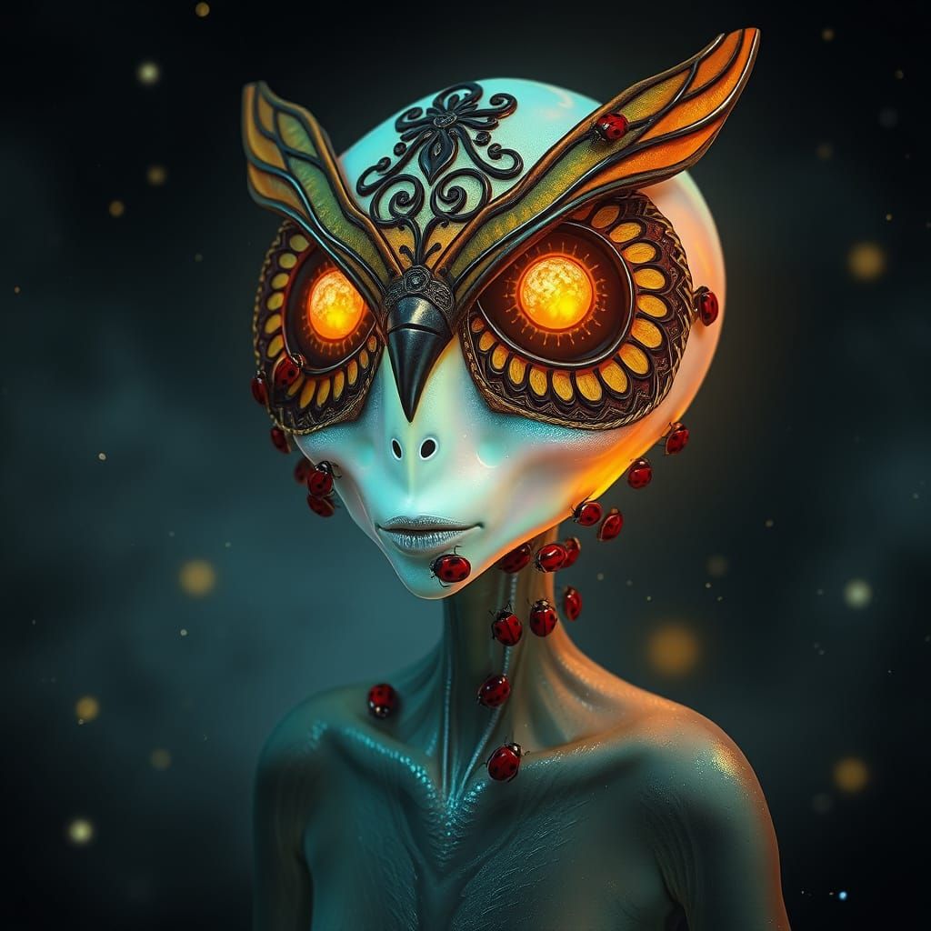 Glowing Alien Owl Mask in Iridescent Opal Skin