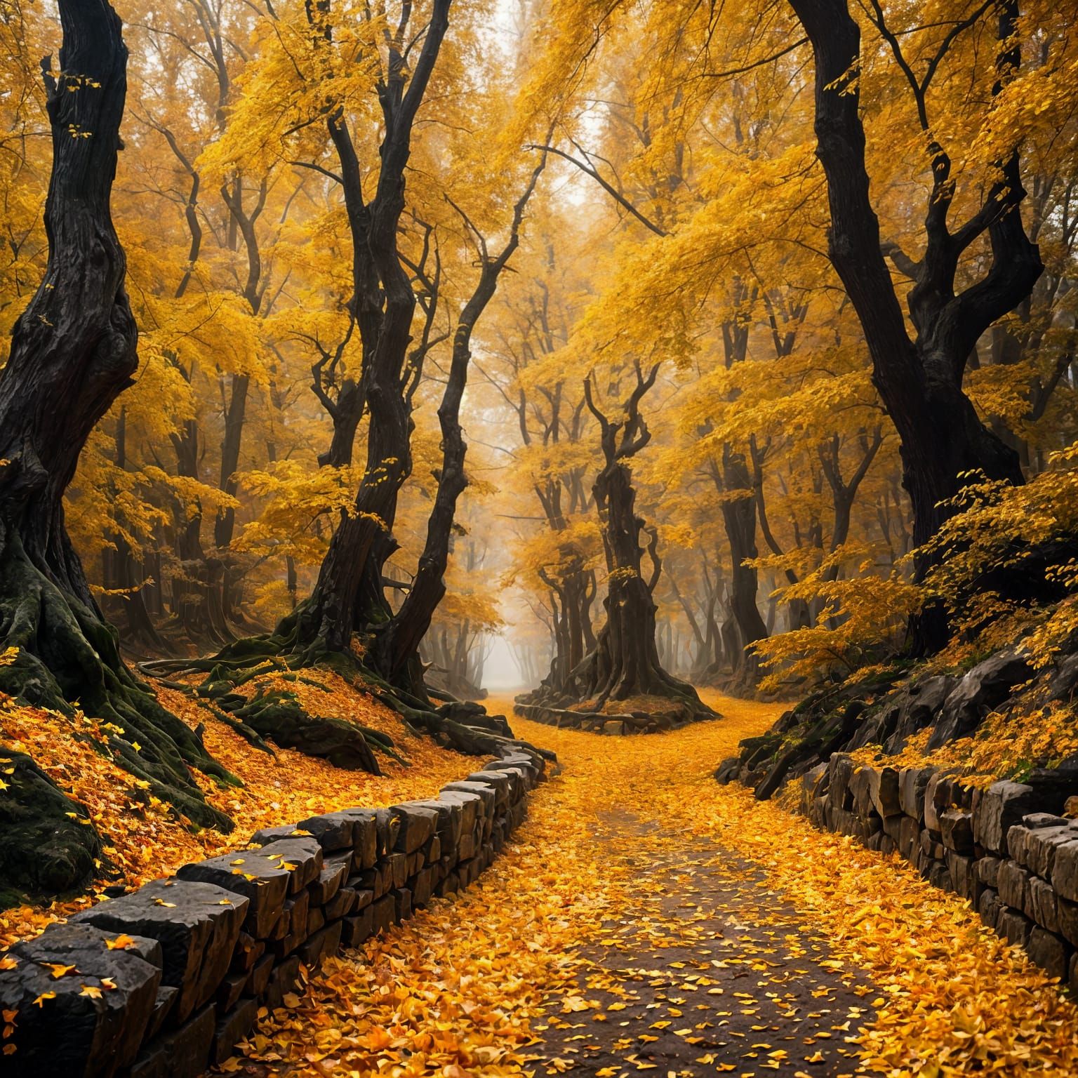Autumnal Forest Path in Golden Light