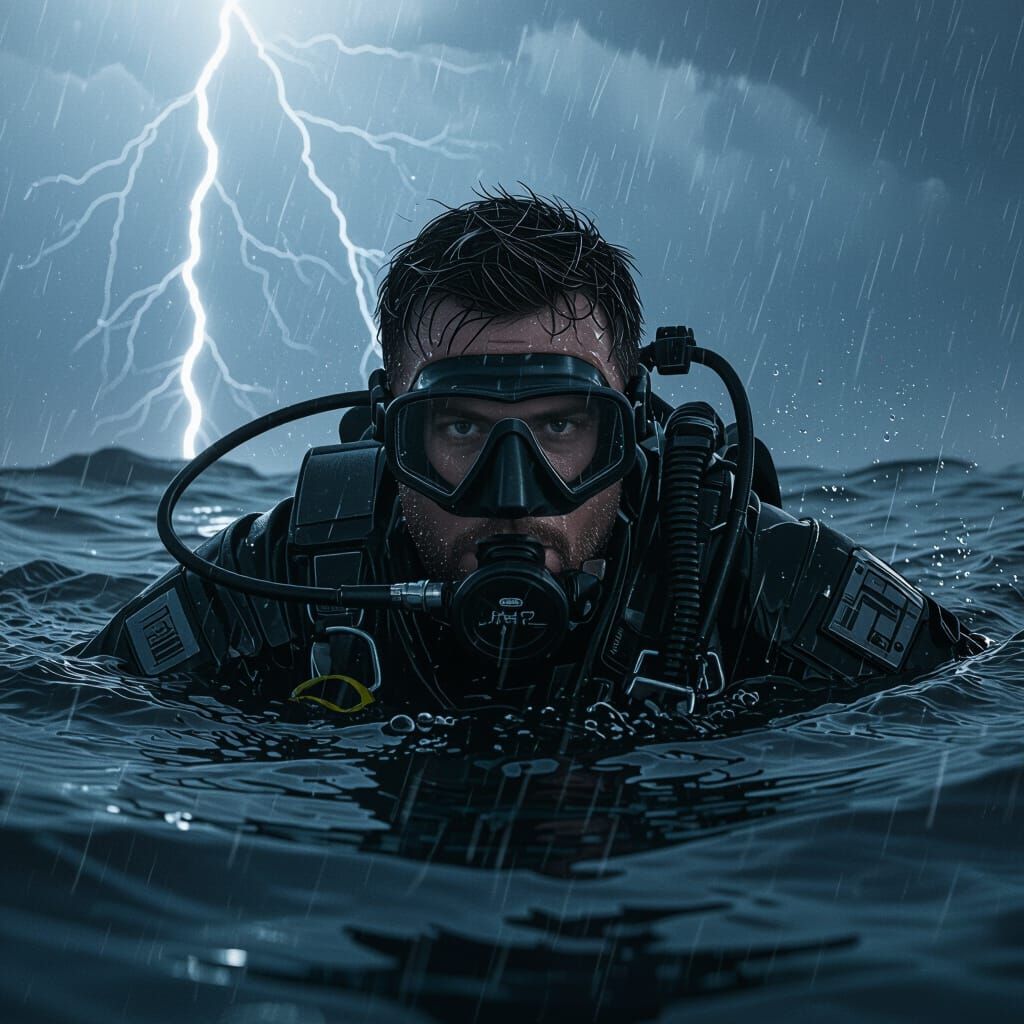 Soldier Swimming Through Stormy Waters: Cinematic Detail