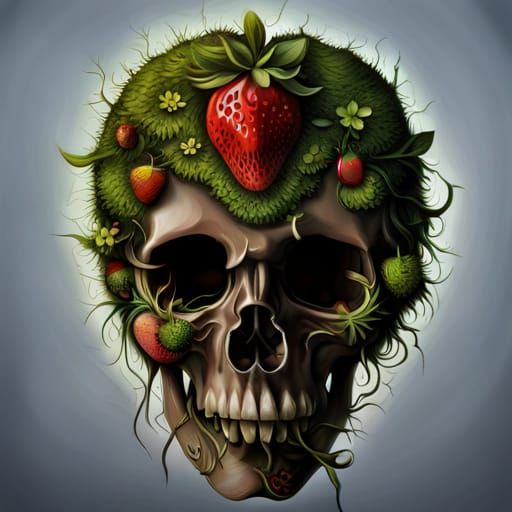 Hyperrealistic Strawberry Skull Covered in Moss and Vines