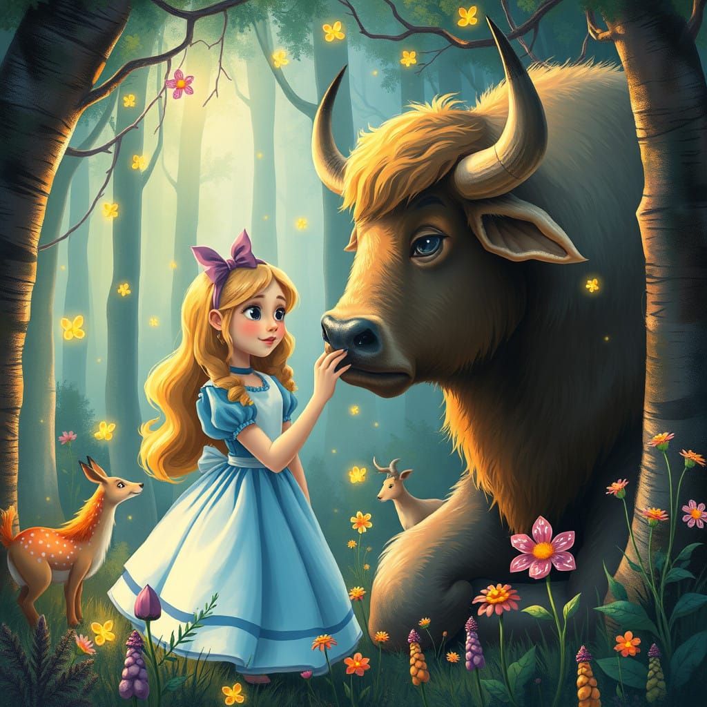 Whimsical Alice in Wonderland Forest Scene with Giant Bull a...