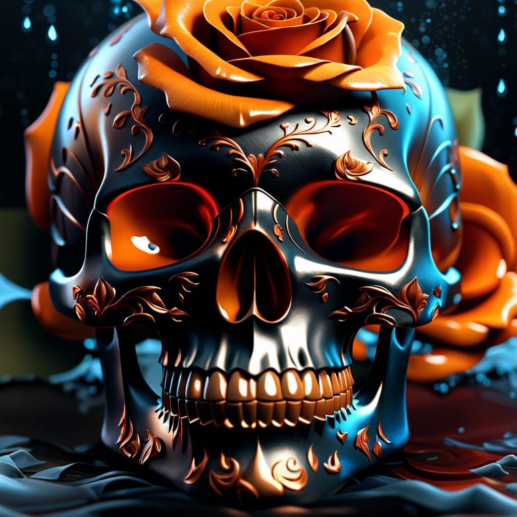 Mystic Skull with Orange Rose: Fantasy Concept Art