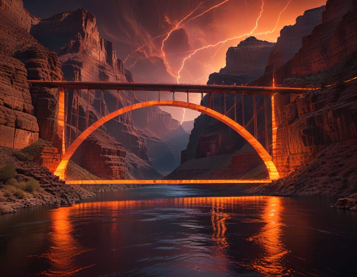 Laser Bridge Over Grand Canyon in Neon-Noir Style