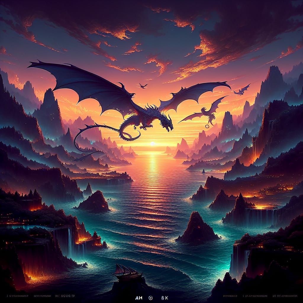 Dragon Soaring Over Sunrise Ocean: Fantasy Concept Art