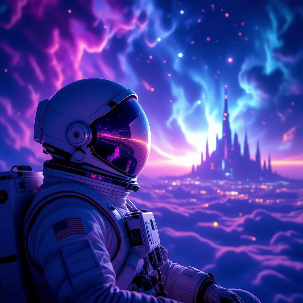 Astronaut Adrift in Nebula, Reflecting Alien City