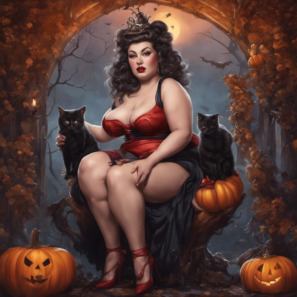 Halloween Pinup Goddess with Kitten: Detailed Matte Painting