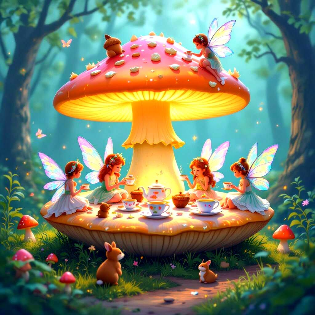 Whimsical Fairy Tea Party on Bioluminescent Mushroom