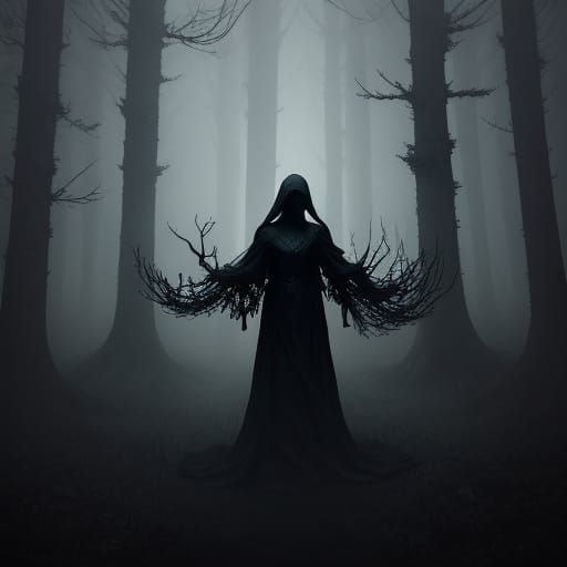 Mystical Realism Forest Scene in Dark Blues and Purples