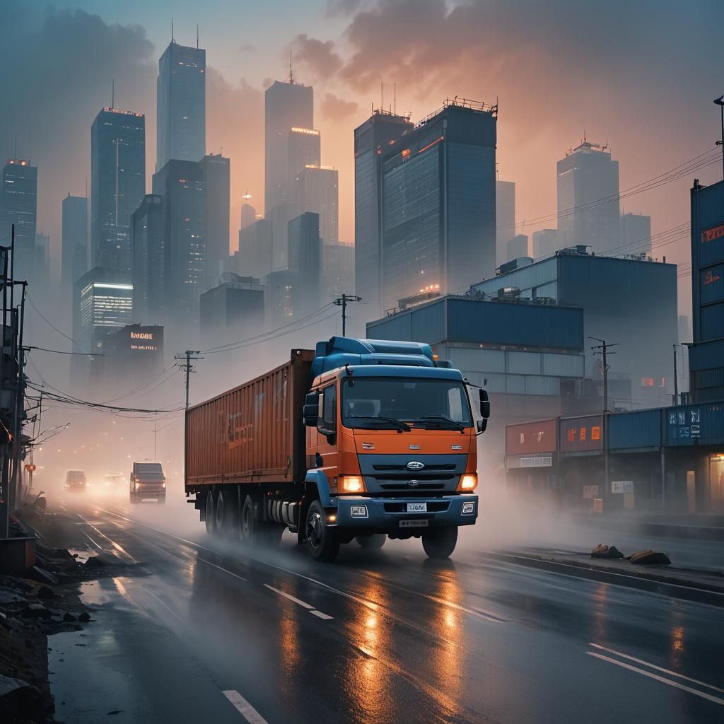 Cargo Truck on Misty Highway at Dawn