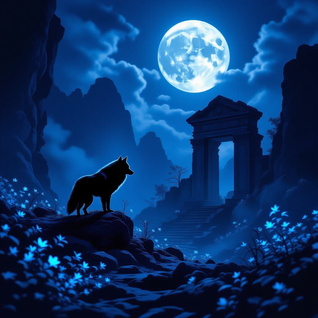Wolf Guards Ancient Ruin Under Bioluminescent Moon