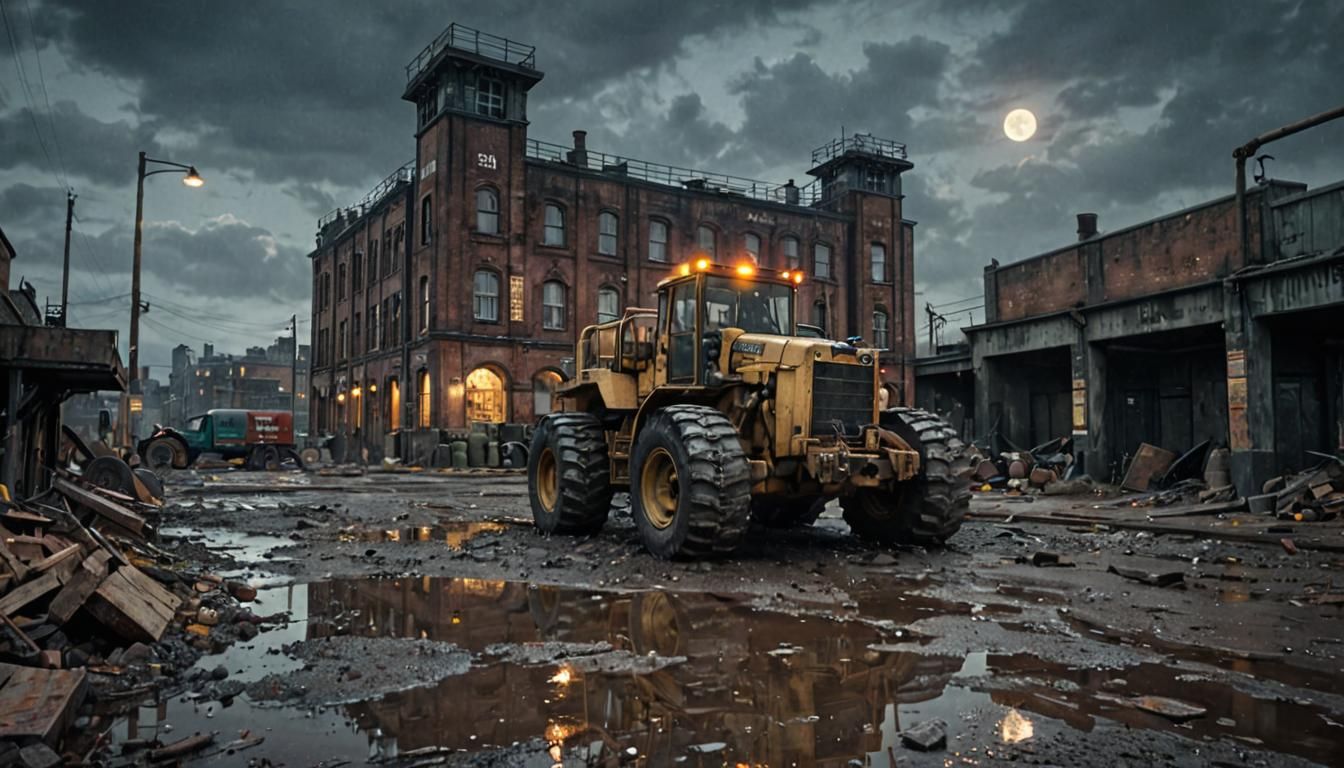 Dieselpunk Wasteland: Ruined Police Station at Night