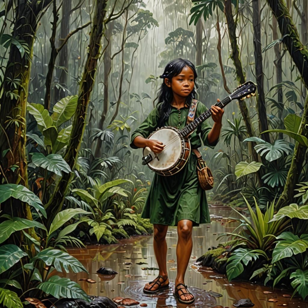 Rainforest Banjo Player in Oil Painting Style