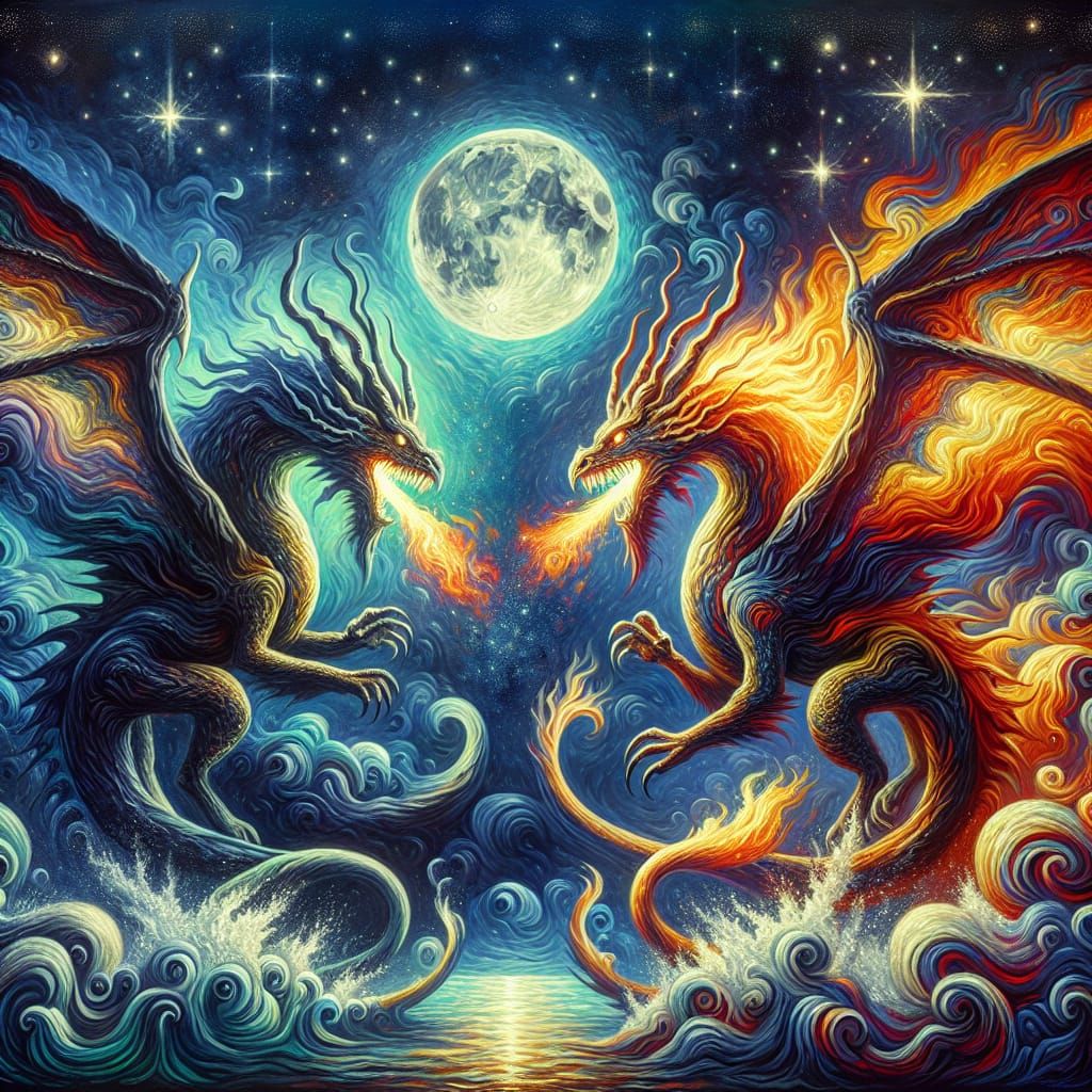 Dragons Clash Under Moonlight in Surrealist Style