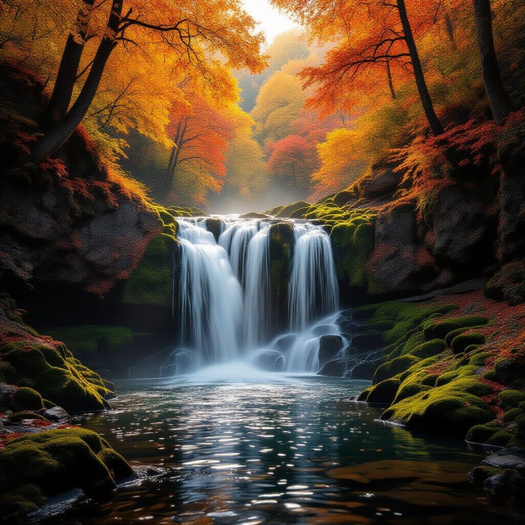 Hyperrealistic Autumn Waterfall in Fiery Forest