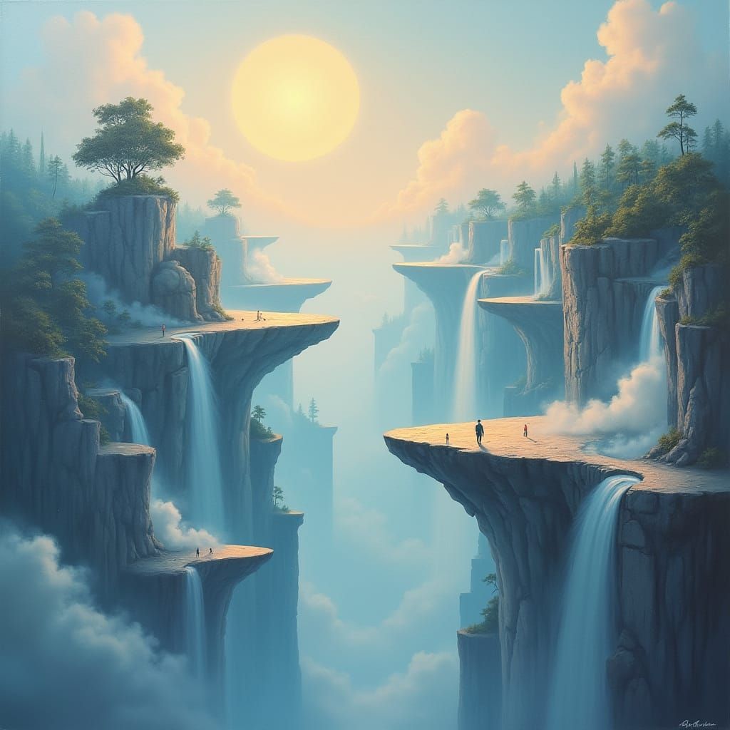 A dreamlike top-down view of a surreal world: floating islan...